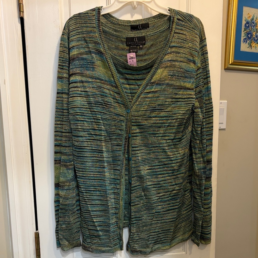 Carole Little Shimmering Knitwear Sweater Set in Green and Black, 1of a kind